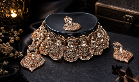 Rosegold & Silver Jerkan Stone Beautiful Necklace Set (slight variation in color and design is possible)