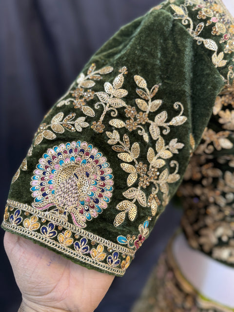 (Clip attached S-40(44))Green colour velvet based beautiful embroidery work with heavy squined & stones work very heavy 3 layered ken ken super heavy Designer Bridal Lehnga with heavy tessels attached to blouse & Lehnga & heavy work lace beaded dupatta