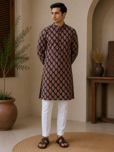 Pure cotton based Men’s Printed kurti (sizes mentioned in inches ,not according to the label on Kurti)size 44 kurti- Length 40 inches and size 46-length 42 inches ) Kurti only. Pants not included.