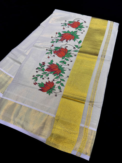KERALA Gold Tissue SAREE WITH BEAUTIFUL FLORAL PRINT