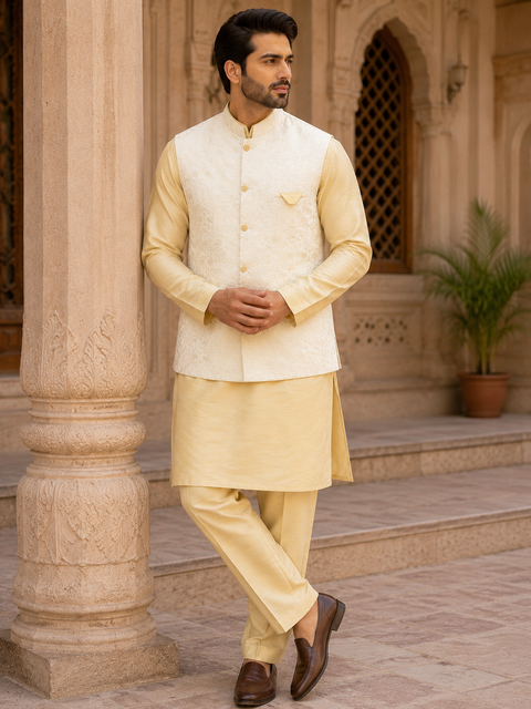 Elegant ivory-gold jacquard waistcoat set with a matching golden kurta and straight pants, crafted for timeless wedding and festive elegance.