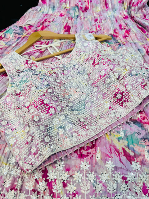 Chinnon based Designer embroidery works crop top blouse with soft organza floral print lehnga with netting dupatta