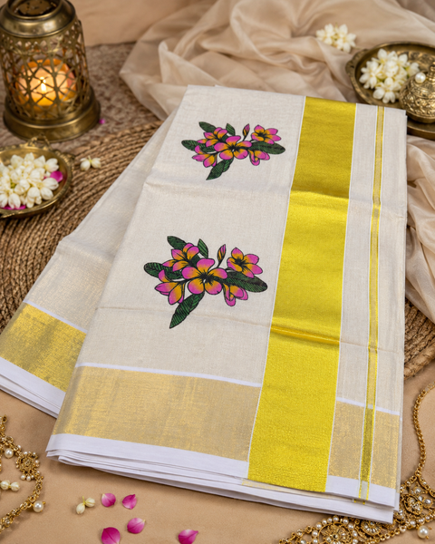 KERALA Gold Tissue SAREE WITH BEAUTIFUL FLORAL PRINT(slight variation in color & design is possible)
