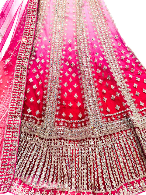 Original mirrors work Heavy Ken ken flared two toned shades netting based designer lehnga with heavy handwork blouse and Dupatta (video clip attached for reference )