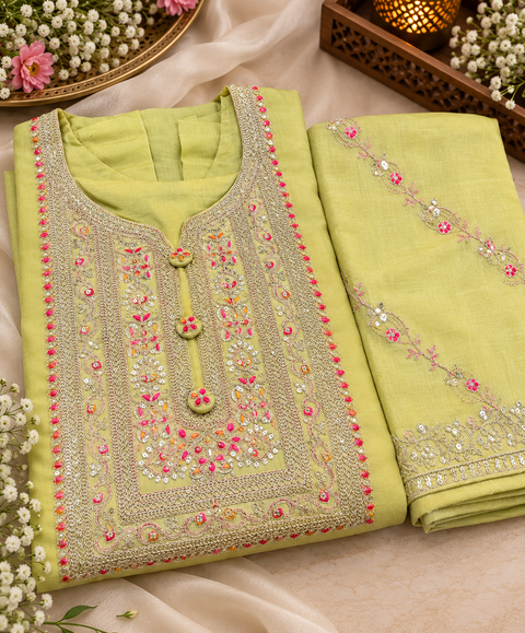 Soft Lime Yellow color Elegant flared Anarkali featuring delicate multicolour embroidery on the neckline, sleeves and hem, paired with a matching embroidered dupatta. Slight variation in colour and design is possible.