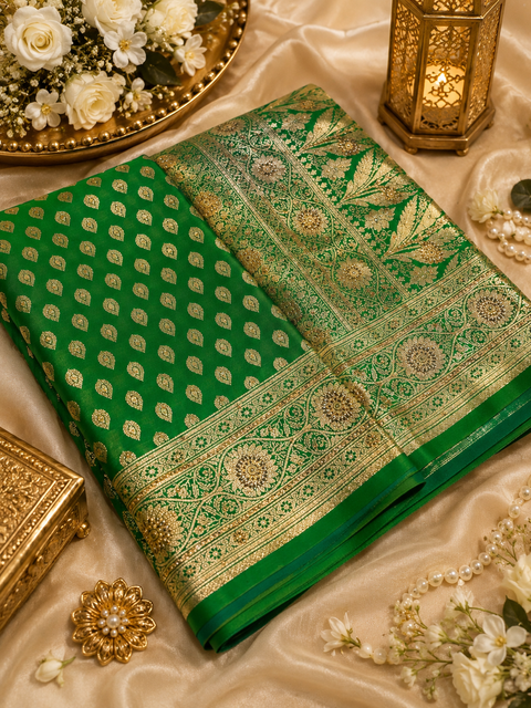 Luxurious Banarasi Silk Saree with rich zari weaving and elegant stone work on the pallu. Comes with an attached blouse piece. Model image is for reference only; slight variation in color and design may occur.