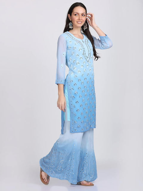 Two toned blue color Georgette based chikankari work with Mirror work Kurti with pure georgette based Chikankari & mirror work Plazo and pure chiffon based mirror work beautiful soft & full size dupatta