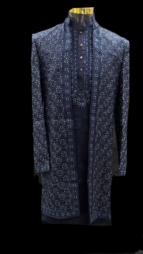 (Video clip attached)Dark Navy Blue Raw silk based heavy embroidery work with all over sequinned work Jacket style Mens classy Indo western with (half sleeves Kurta ) and Pants