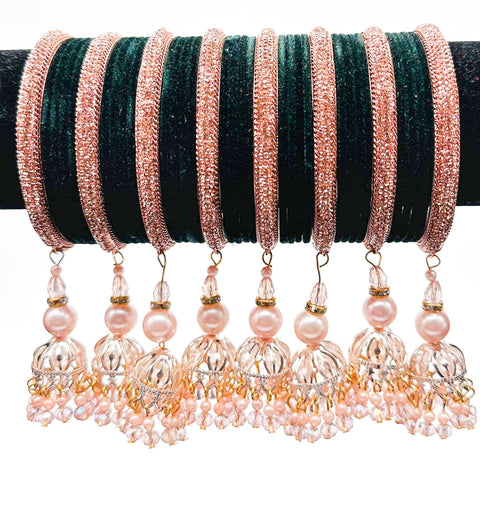Beautiful Rosegold fine stone shiny Brass Bangles with Beautiful Latkan set (Sample picture attached at end to show it can be customised with plain Velvet or Metal Bangles)set of 4 Bangles