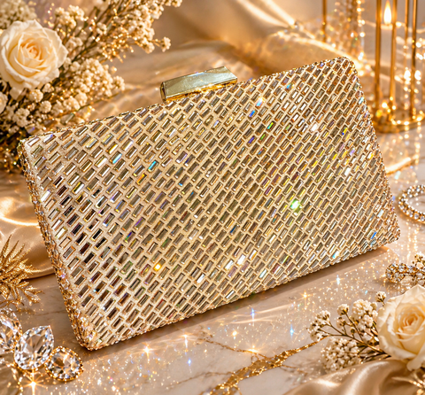 Stone work Handwork designer clutch bag with handle to carry with chain inside the clutch (can be attached or detached)