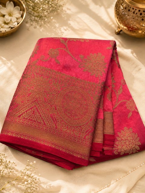 Graceful Silk Saree Featuring Elegant Zari Weaving, A Rich Texture, And A Structured Drape . Attached Blouse Piece Included. Slight Variation In Colour And Design May Occur.