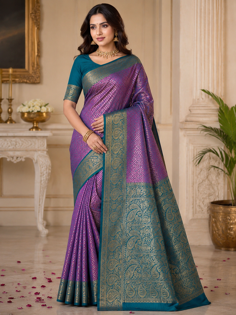 Premium soft Silk Saree with rich zari weaving and contrast woven pallu. featuring elegant dual-tone shades.Model-worn blouse is for reference only. Unstitched blouse piece is attached with saree(slight variation in color & design is possible)