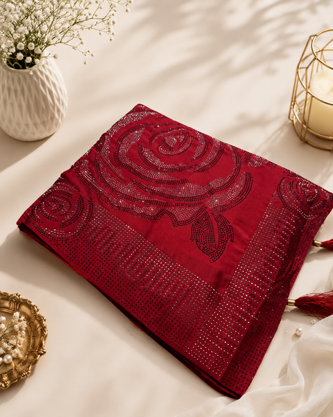 Beautiful swarovski Stones work Roses design beautiful Georgette Silk Saree. The Blouse Worn By The Model Is For Reference Purposes Only. The Blouse Piece Is Attached Separately With The Saree. Slight Variation In Color And Design May Occur.