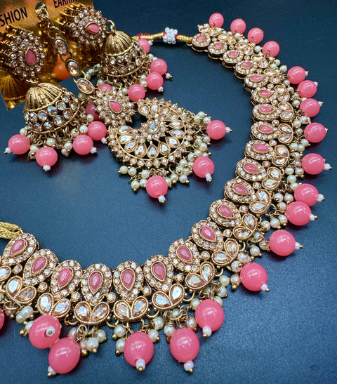 Polki stones & Jerkan stone with pearls beaded work beautiful necklace with earrings and tikka set