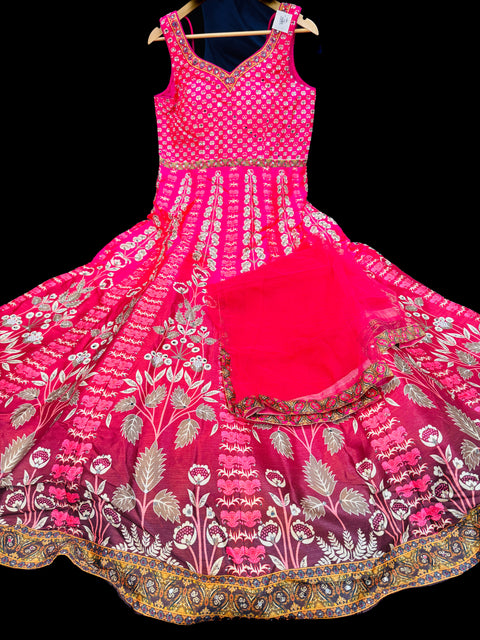 Silk based printed with Mirror work heavy flared gown and dupatta