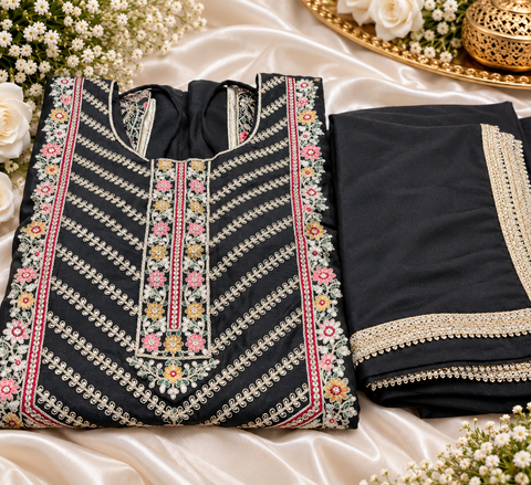 Beautiful georgette fabric outfit with full embroidery work all over the kameez. Paired with a loose circular palazzo and a matching dupatta with just a border. 
Slight variation in colour and design is possible