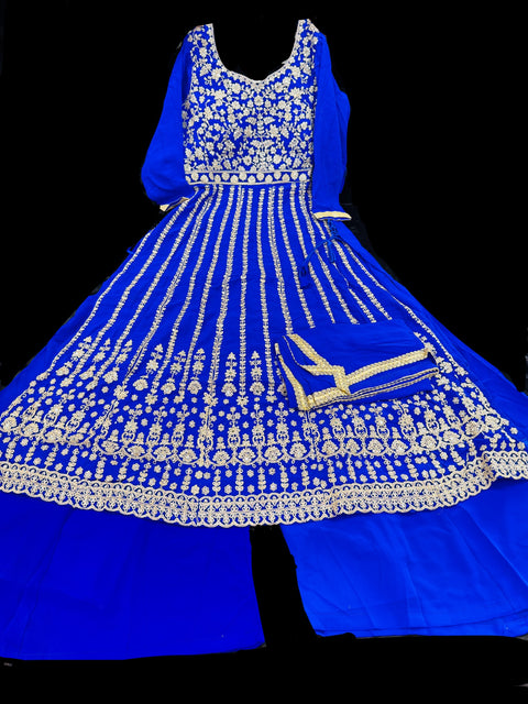 Georgette based original Mirror work with heavy embroidery work Nayra cut kameez with plazo & dupatta