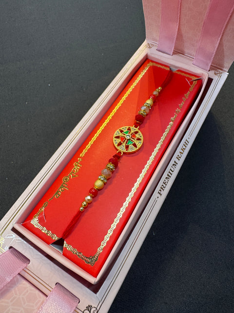 (Clip attached)Beautiful Stone Work Rakhi in nice pack gift box
