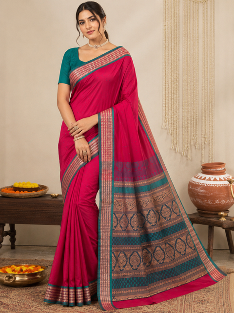 Premium Art Silk Saree Featuring Elegant Zari Weaving, Saree Comes With An Attached Blouse Piece. Model Blouse Is For Reference Only. Slight Variation In Colour And Design May Occur