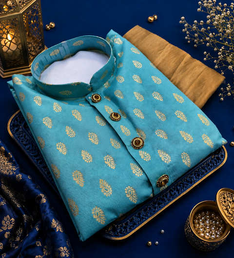 Soft Silk based Heavy brocade work designer Kurta with golden Pajama (slight variation in color and design is possible)