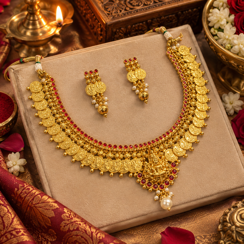 Elegant gold-finish Temple Jewellery Set Goddess Lakshmi  motif with beautifully Ruby stone accents. Comes with matching jhumka earrings(slight variation in color & design may occur)