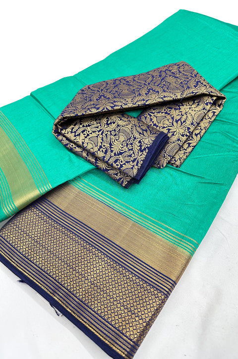 Soft Silk based Broad zari border Saree with Contrast Brocade silk based Blouse