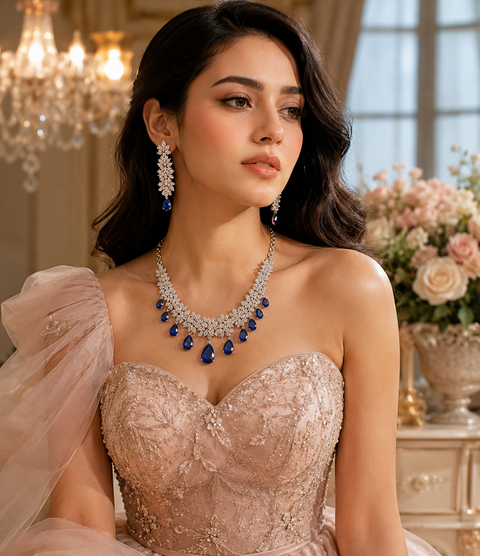 American Diamond stones very fine work classy necklace with beautiful earrings(slight variation in color & design is possible)