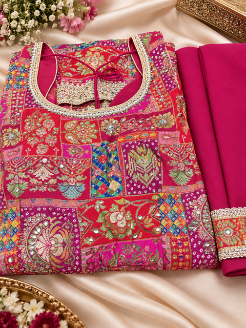 Silk-blend patchwork kameez with mirror & stone work, paired with a flowy circular palazzo and plain georgette dupatta with golden border. Slight variation in colour/design possible