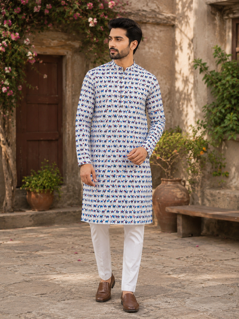 Pure cotton based Men’s Printed kurti (sizes mentioned in inches ,not according to the label on Kurti)size 44kurti- Length 40 inches and size 46-length 42 inches ) Kurti only. Pants not included.