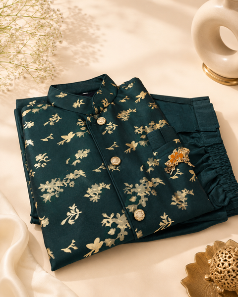 Kai Green colour silk based kurta with pants  &  brocade jacket (slight variation in color and design is possible)