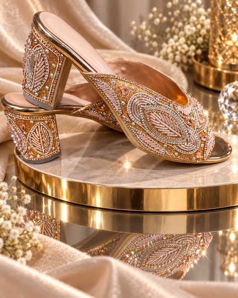 Rose-gold embellished heels with intricate hand embroidery, sparkling stonework and a statement block heel. A classy festive pair that adds the perfect touch of glamour to any outfit.