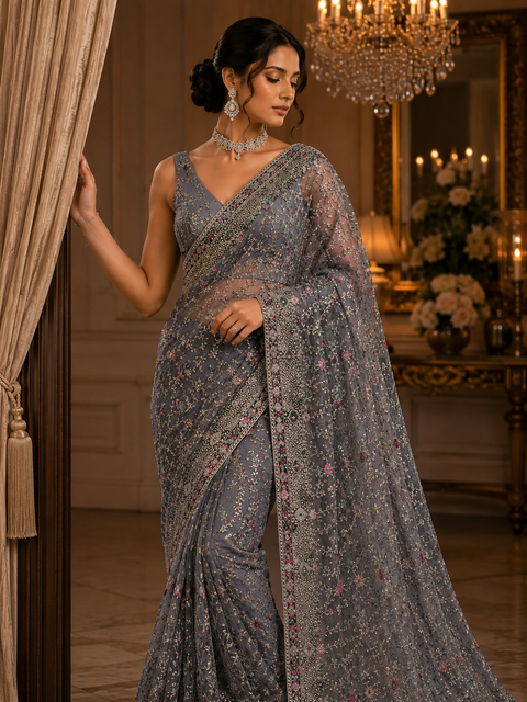 Dark Grey color designer Saree with netting base fabric and stones work design all over with heavy embroidery.The Blouse Worn By The Model Is For Reference Purposes Only. The Actual Blouse Piece Comes Attached With Saree(Slight Variations Are Possible)