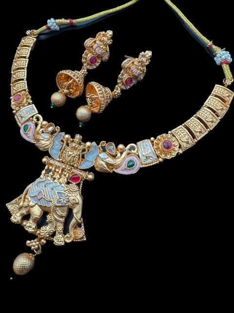 Elephant design Mat look antique gold traditional necklace with pearls and Polki work & earrings