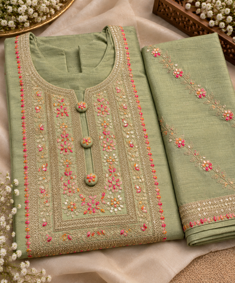 Soft Pistachio Green color Elegant flared Anarkali featuring delicate multicolour embroidery on the neckline, sleeves and hem, paired with a matching embroidered dupatta. Slight variation in colour and design is possible.