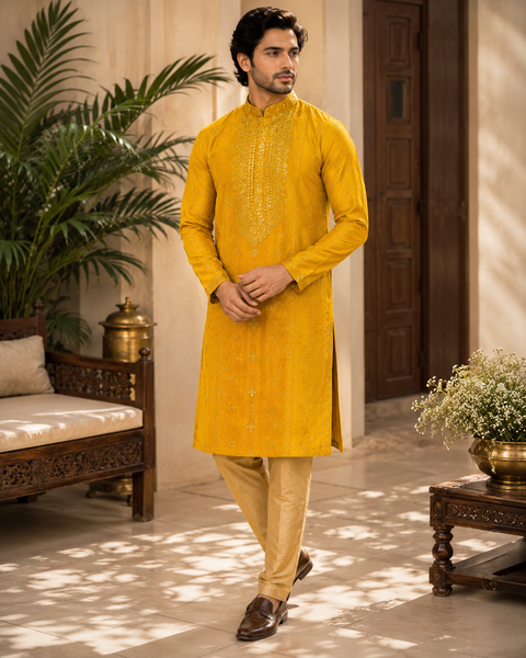Soft malmal based beautiful embroidery work with sequins work designer Kurta with golden Pajama (slight variation in color and design is possible)