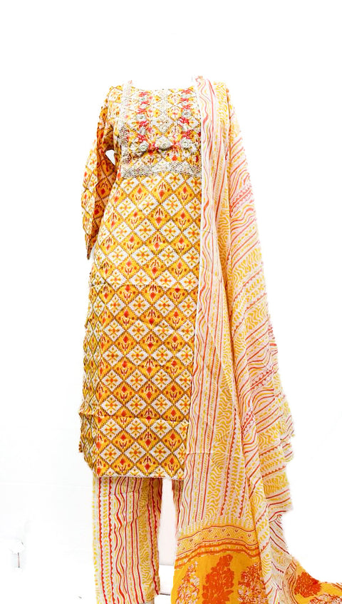 PURE & SOFT COTTON BASED DESIGNER EMBROIDERED & PRINTED WORK KURTI WITH PLAZO PANTS & DUPATTA