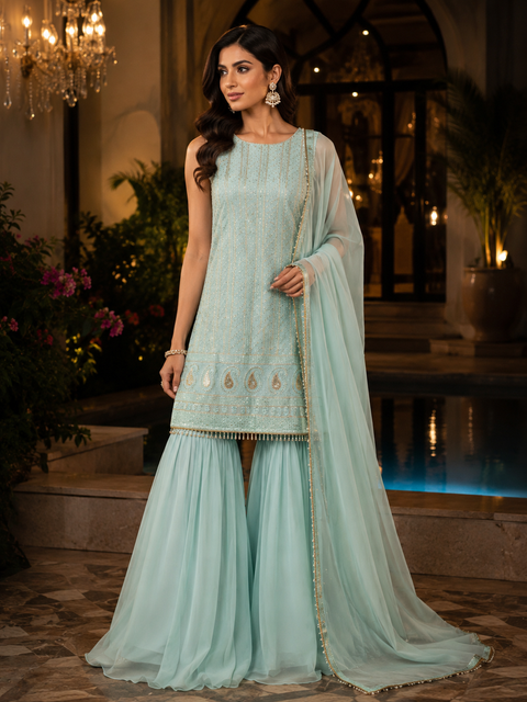 Georgette Based Sequined With Embroidery Work Designer Kameez & Sharara  (slight variation in color and design is possible)