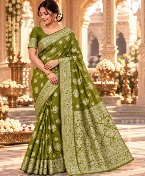 Luxuriously soft silk saree with a smooth, lightweight feel and beautifully flowy drape. Featuring rich woven zari floral motifs and an elegant detailed border .Blouse piece included. Slight variation in colour and design is possible.
