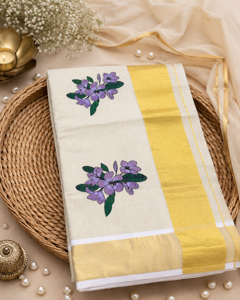 KERALA Gold Tissue SAREE WITH BEAUTIFUL FLORAL PRINT(slight variation in color & design is possible)