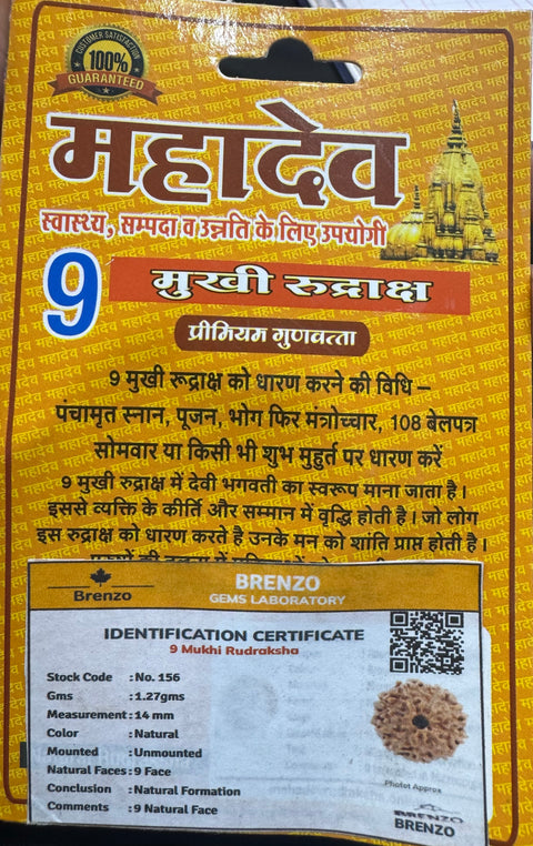 9 Mukhi Original and certified Rudraksh , Description and certificate attach( barcode can be scanned to check the certificate)