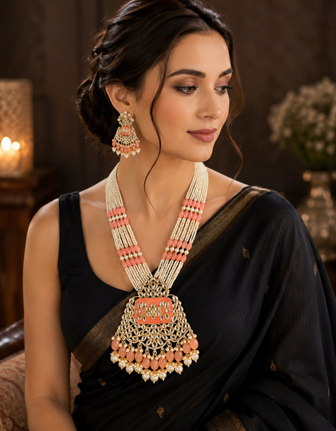Pearls work with kundan stone & Meenakari work beautiful Rani haar /long necklace set with beautiful Earrings(slight variation in color and design is possible )