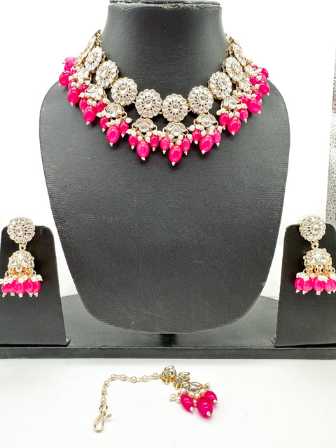 Kundan studded & pearls work designer heavy work Necklace set with beautiful Earrings & Tikka