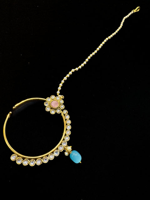 (video clip attached)Pastel Pink & Blue Beautiful uncut Kundan stones with pearls studded very Heavy work necklace with beautiful Jhumka Passa, Sheesh Patti attached to tikka ,Hand Jewellery and Nath NOTE:- original Kundan stones not fake plastic stones)