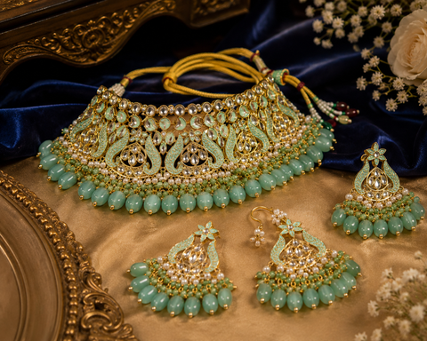 Turquoise colour Beautiful meenakari work with Kundan Stones necklace set(slight variation in color and design is possible)
