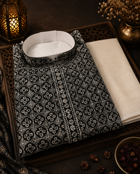 Pure Rayon Based Beautiful Embroidery Work At Front And Back With Sequins Work Designer Kurta & cream Pajama (slight variation in color and design is possible)