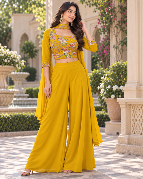 Elegant crepe Silk blouse featuring beautiful embroidery and sequin work, paired with a flowy georgette loose circular palazzo for a stylish Indo Western look. Slight variation in colour and design is possible.