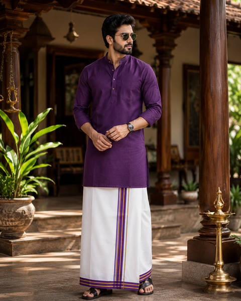 Woven Cotton Kerala Mundu / Dhoti in White ( 4 mtrs )Kurta not included,slight variation is possible