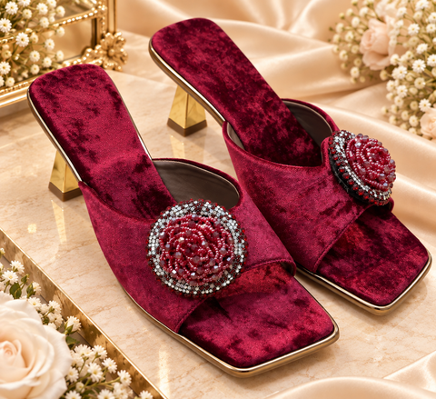 Rich velvet heels with a super soft finish and beautiful floral embellishment. Perfect for weddings, parties and festive wear.