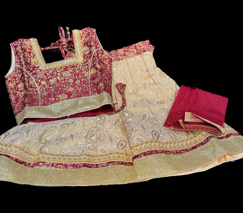 Brocade silk blouse with printed brocade silk lehnga & netting dupatta