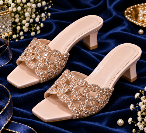 Elegant Rosegold heels with sparkling crystal detailing, a chic square-toe design and a lightweight feel. Perfect for parties, weddings and festive wear.